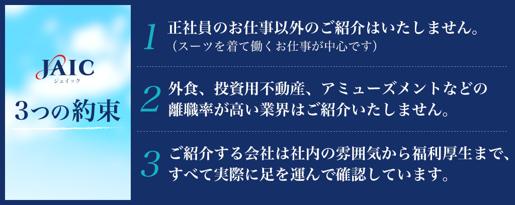 ジェイック3つの約束 1.正社員のお仕事以外のご紹介はいたしません。（スーツを着て働くお仕事が中心です）2.外食、投資用不動産、アミューズメントなどの離職率が高い業界はご紹介いたしません。 3.ご紹介する会社は社内の雰囲気から福利厚生まで、すべて実際に足を運んで確認しています。